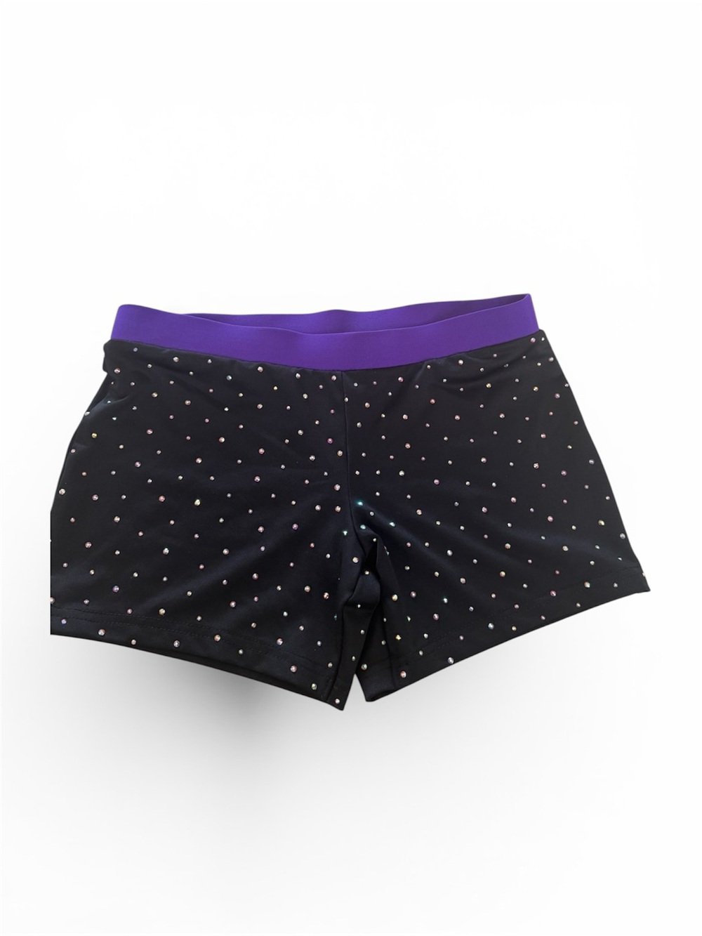 Woman’s Black Rhinestone Custom Shorts with Purple Waistband NWOT Small